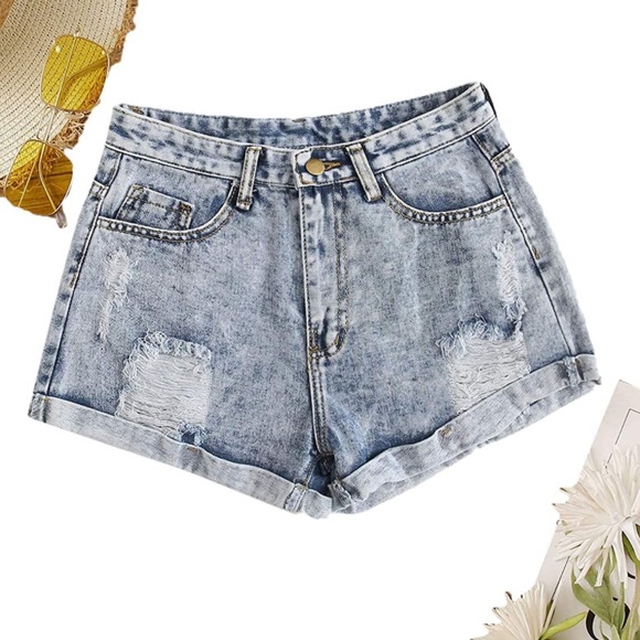 Pants - Retro High Waist Rolled Denim Shorts